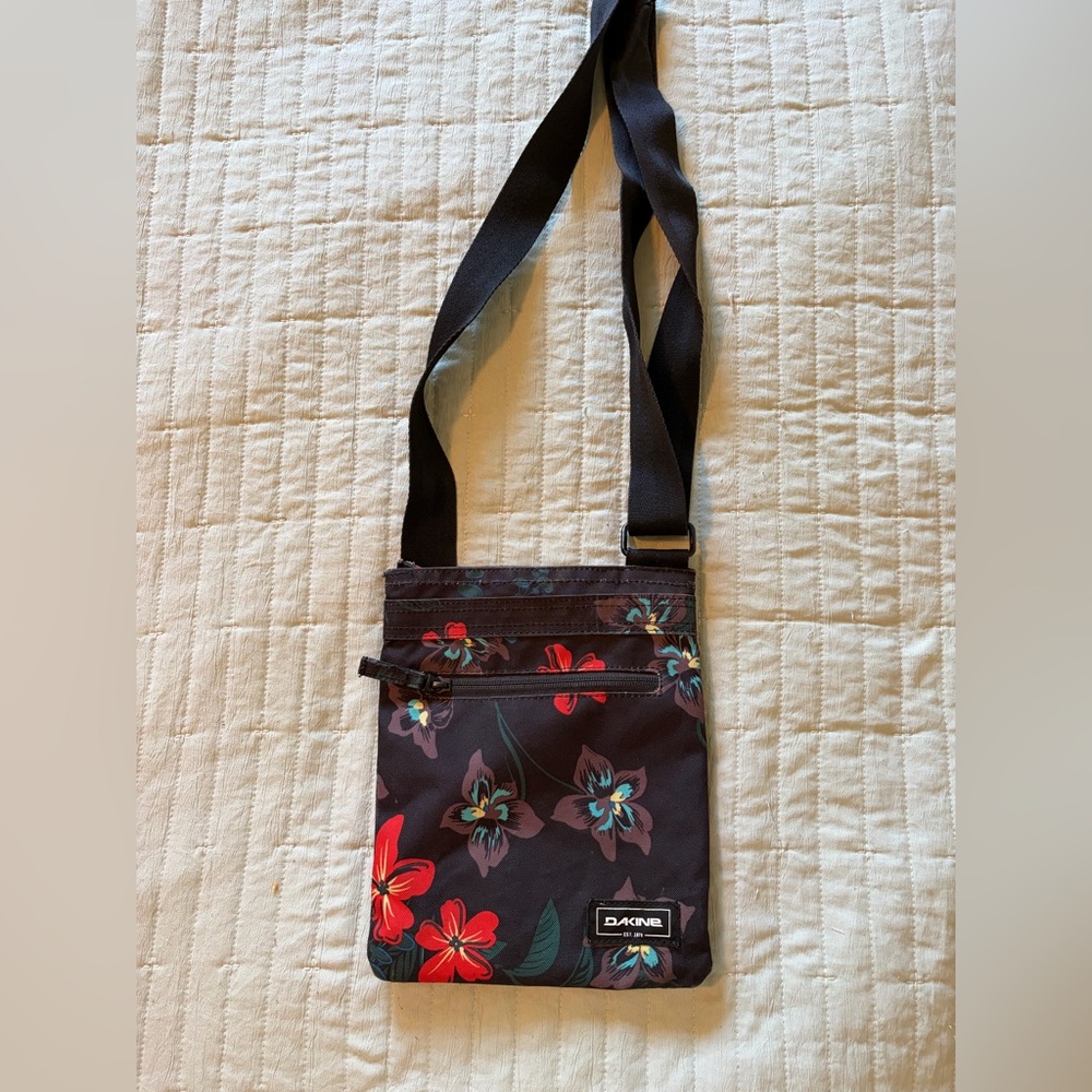 Dakine Black Floral Slim Crossbody with Red & Teal Accents